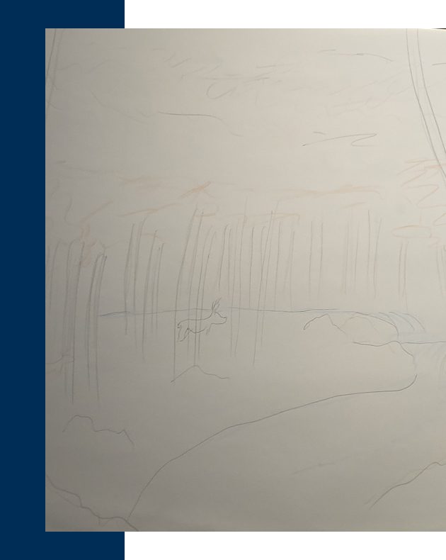 Original canvas art featuring a simple pencil sketch of a forest scene, beautifully capturing the essence of nature with detailed trees and a serene deer.