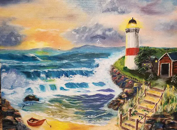 An original canvas art piece presents a coastal scene painting where a lighthouse stands vigilant over choppy seas, with a small boat navigating beneath a dramatic sky filled with clouds and sunlight.
