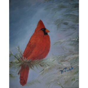 A painting of a red bird sitting on top of a tree.
