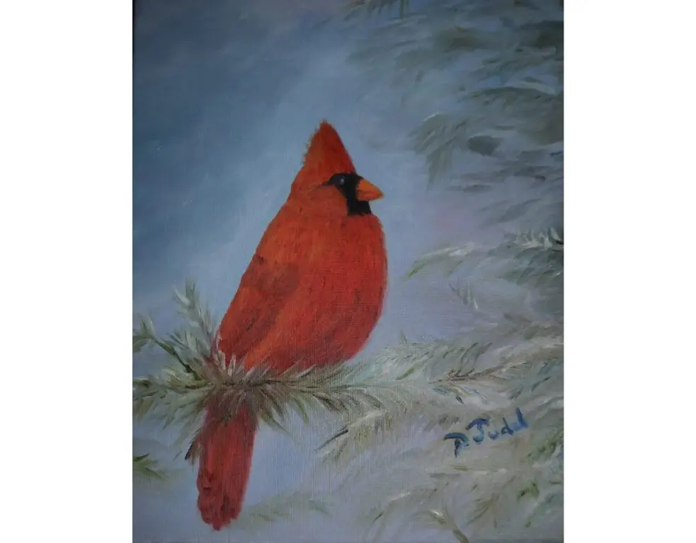 A painting of a red bird sitting on top of a tree.