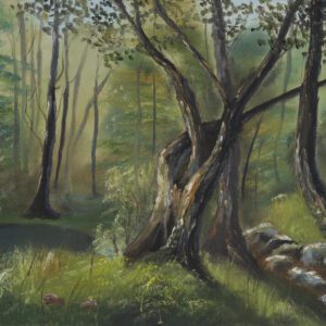 A painting of trees and rocks in the woods