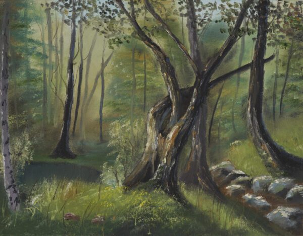 A painting of trees and rocks in the woods