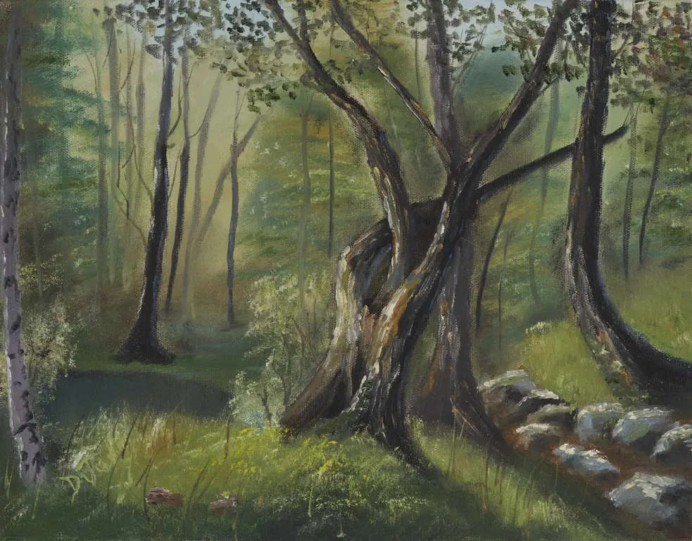 A painting of trees and rocks in the woods