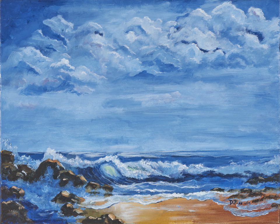 A painting of the ocean and sky with clouds