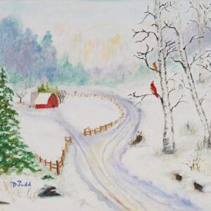 A painting of a snowy road with trees and barn.