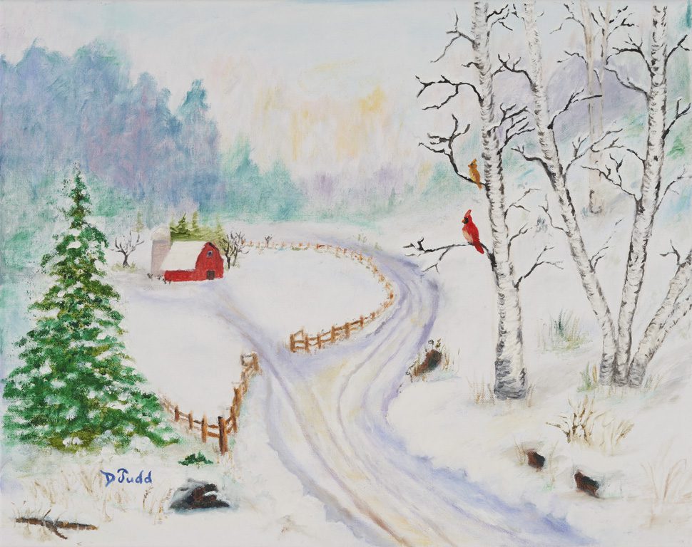 A painting of a snowy road with trees and barn.