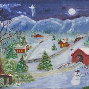 A painting of a snowy christmas scene with a snowman.