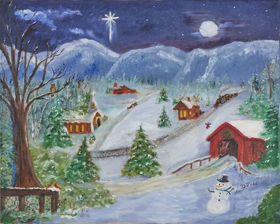 DebraJudd03_2025_07_web A painting of a snowy christmas scene with a snowman.