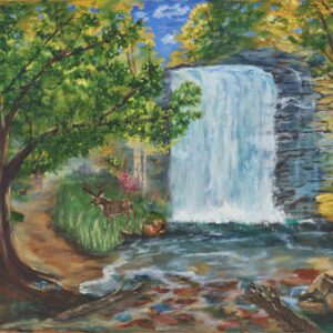 A painting of a waterfall in the middle of a forest.