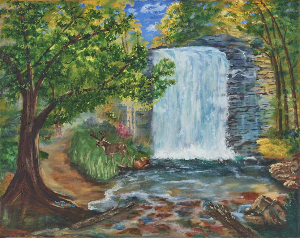 A painting of a waterfall in the middle of a forest.