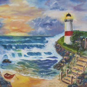 A painting of the ocean and lighthouse