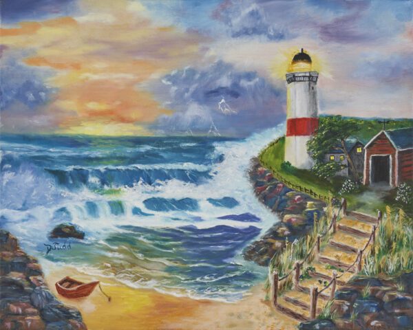 A painting of the ocean and lighthouse