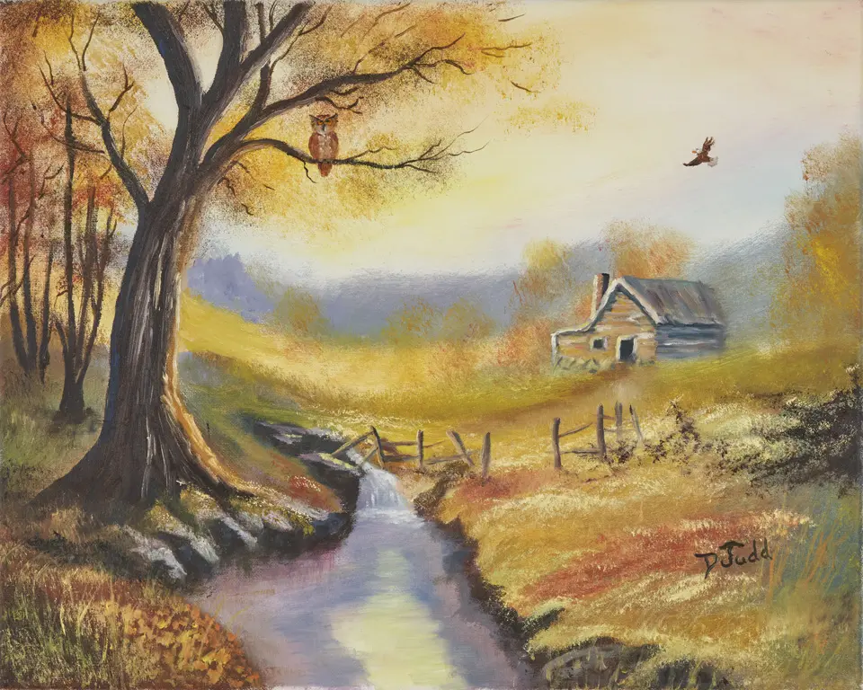 DebraJudd03_2025_10_web A painting of a tree and house in the background.