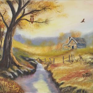 A painting of a tree and house in the background.