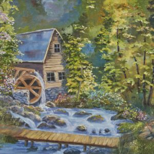 A painting of a house near the water