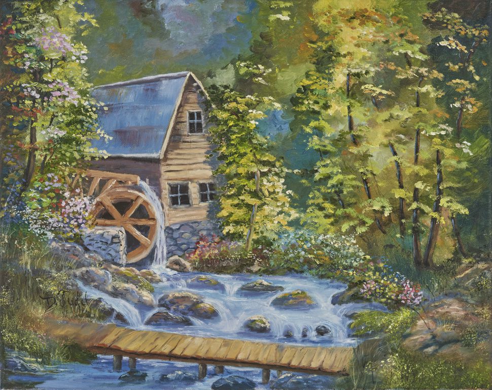 A painting of a house near the water