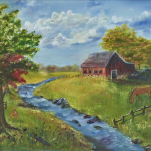 A painting of a stream running through the middle of a field.