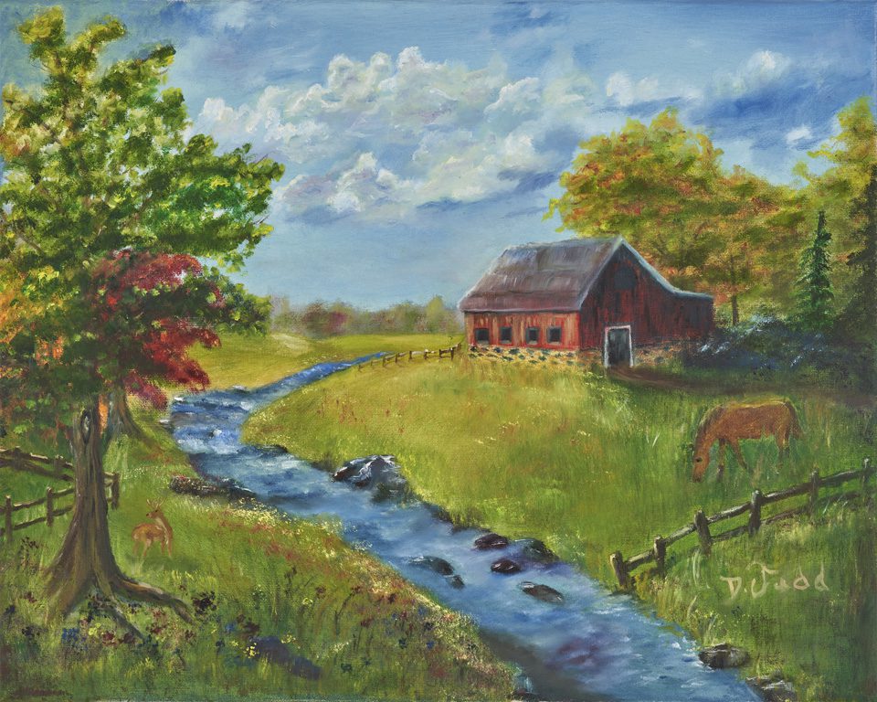 A painting of a stream running through the middle of a field.