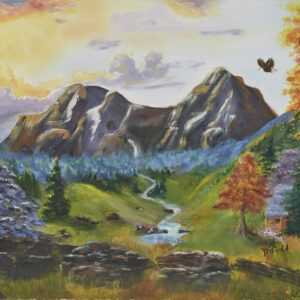 A painting of mountains and trees with a bird flying over.