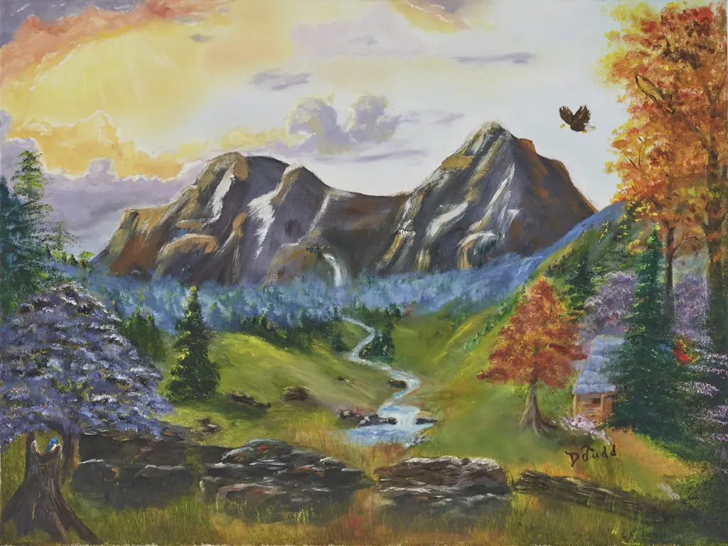 A painting of mountains and trees with a bird flying over.