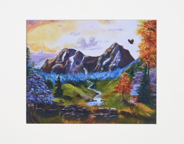 A painting of mountains and trees with a bird flying over.