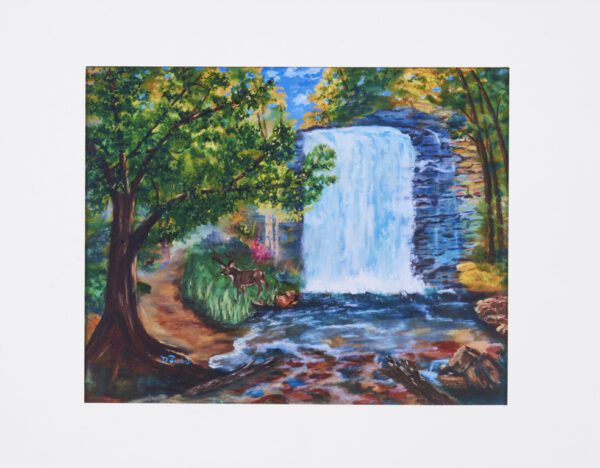 A painting of a waterfall in the woods