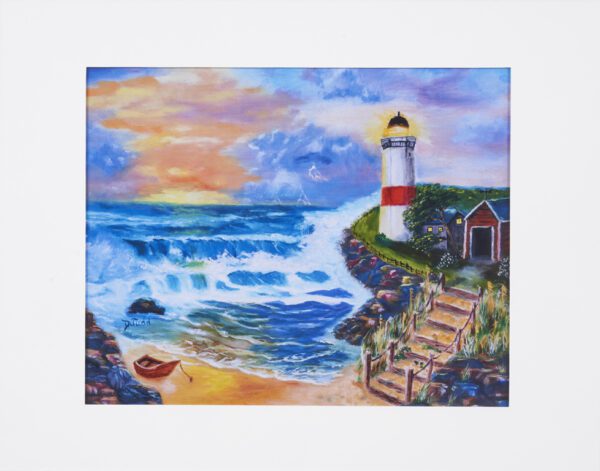A painting of the ocean and lighthouse