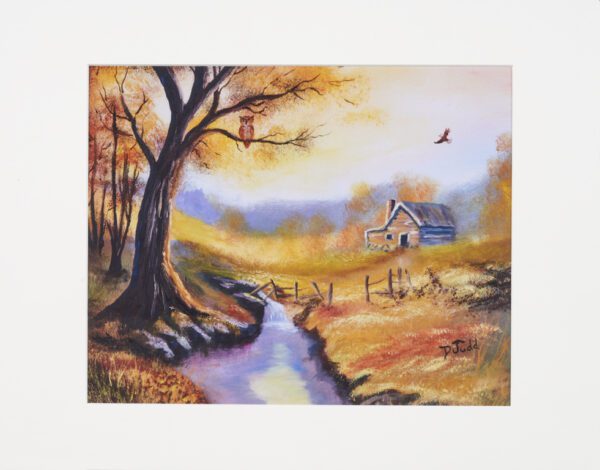 A painting of a tree and house in the middle of a field.