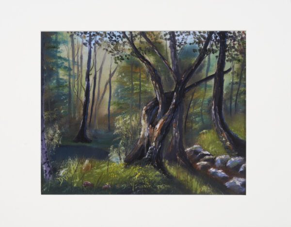 A painting of trees and rocks in the woods